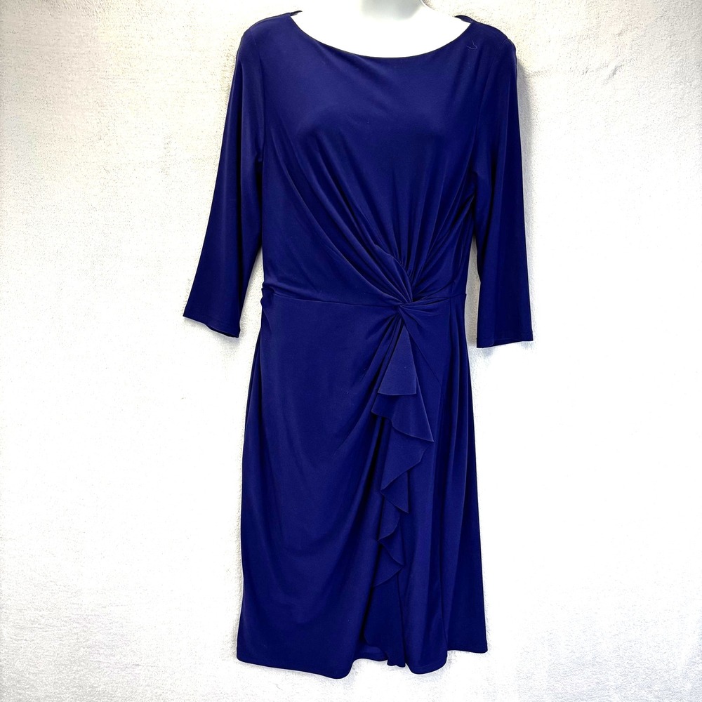 Vintage Y2K Lauren Ralph Lauren Ruched Ruffle Sheath Dress Womens 8 Blue Jersey